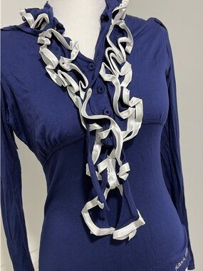 Nana Baila Paris Navy Ruffle-Trim Long Sleeve Blouse with Contrast Ribbon
